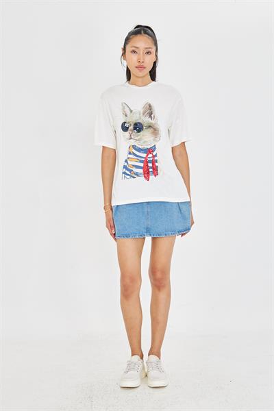 Pullu Gözlüklü Kedi Baskılı T-Shirt