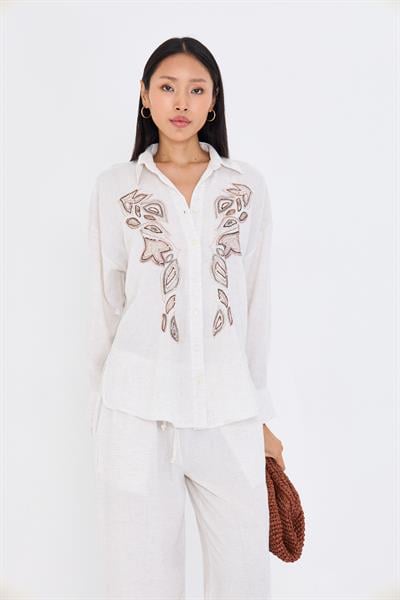 Pullu Nakışlı Keten Görünümlü Gömlek