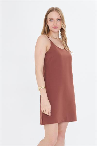 Saten Askı Detaylı Düz Mini Elbise 
