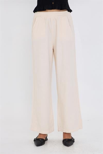 Şeritli Bol Paça Pantolon - Ekru