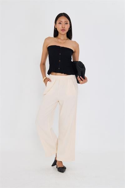 Şeritli Bol Paça Pantolon - Ekru