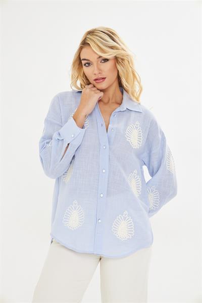 Süzene Nakışlı Keten Görünümlü Gömlek 