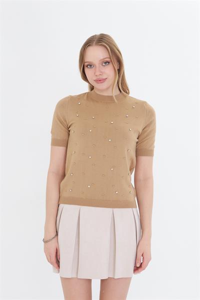 Taş Detaylı Yaka Bantlı Triko Bluz 