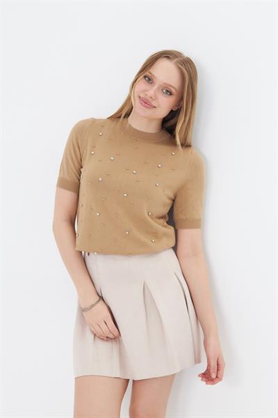 Taş Detaylı Yaka Bantlı Triko Bluz 