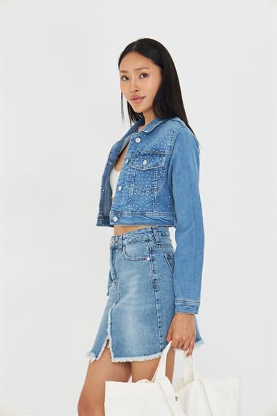 Taş İşlemeli Crop Denim Ceket
