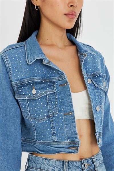 Taş İşlemeli Crop Denim Ceket