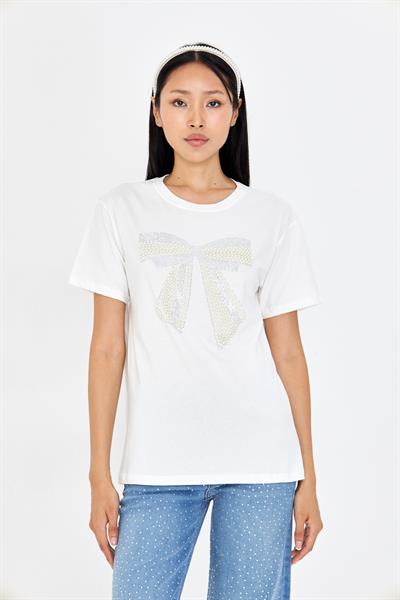 Taşlı Fiyonk Baskılı T-Shirt