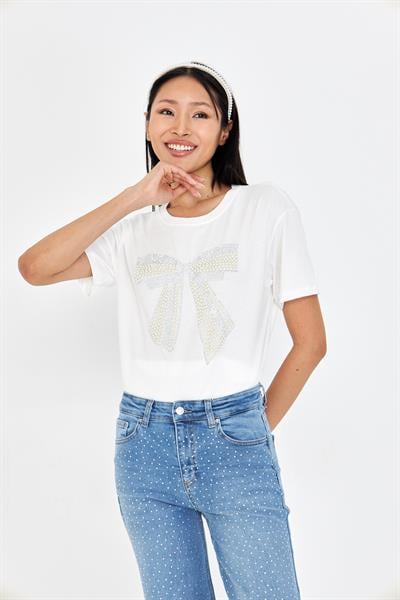 Taşlı Fiyonk Baskılı T-Shirt