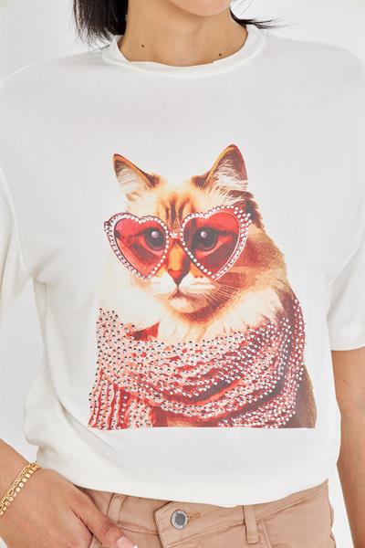 Taşlı Gözlüklü Kedi Baskılı T-Shirt