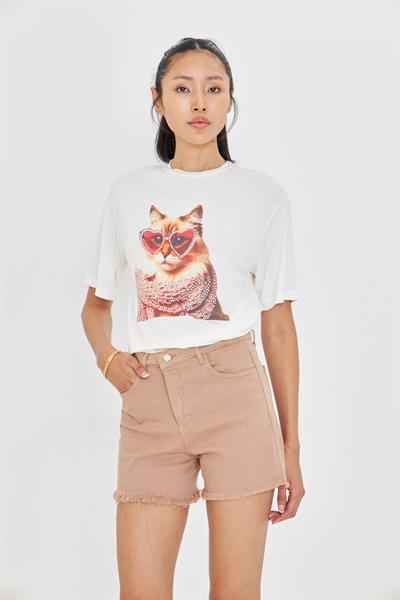 Taşlı Gözlüklü Kedi Baskılı T-Shirt