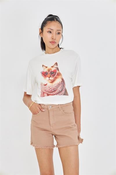 Taşlı Gözlüklü Kedi Baskılı T-Shirt