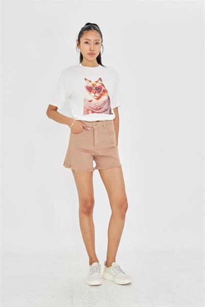 Taşlı Gözlüklü Kedi Baskılı T-Shirt