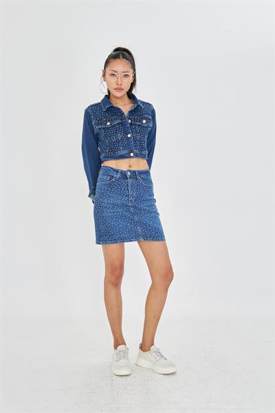 Taşlı Mini Denim Etek
