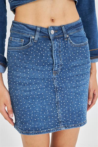 Taşlı Mini Denim Etek