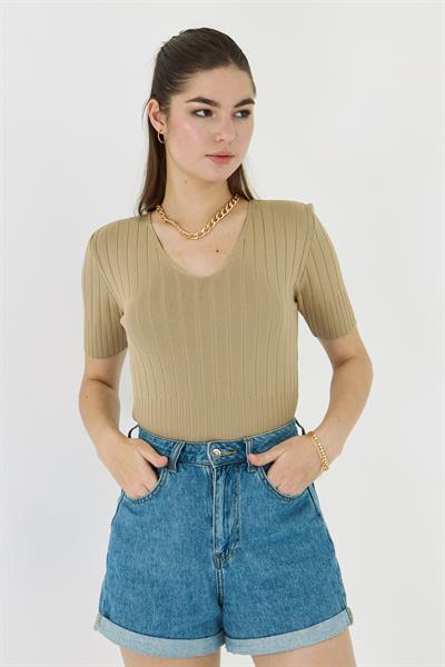 V Yaka Kısa Kol Body 