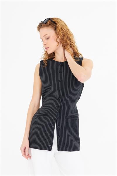 Yanı Kemerli Çizgili Poliviskon Yelek 