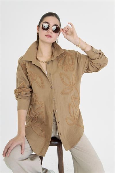 Yaprak Nakışlı Müslin Gömlek 