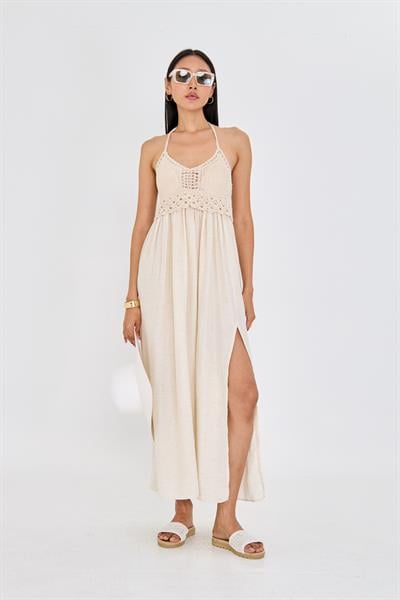 Yırtmaçlı Pamuklu Sırt Dekolteli Elbise