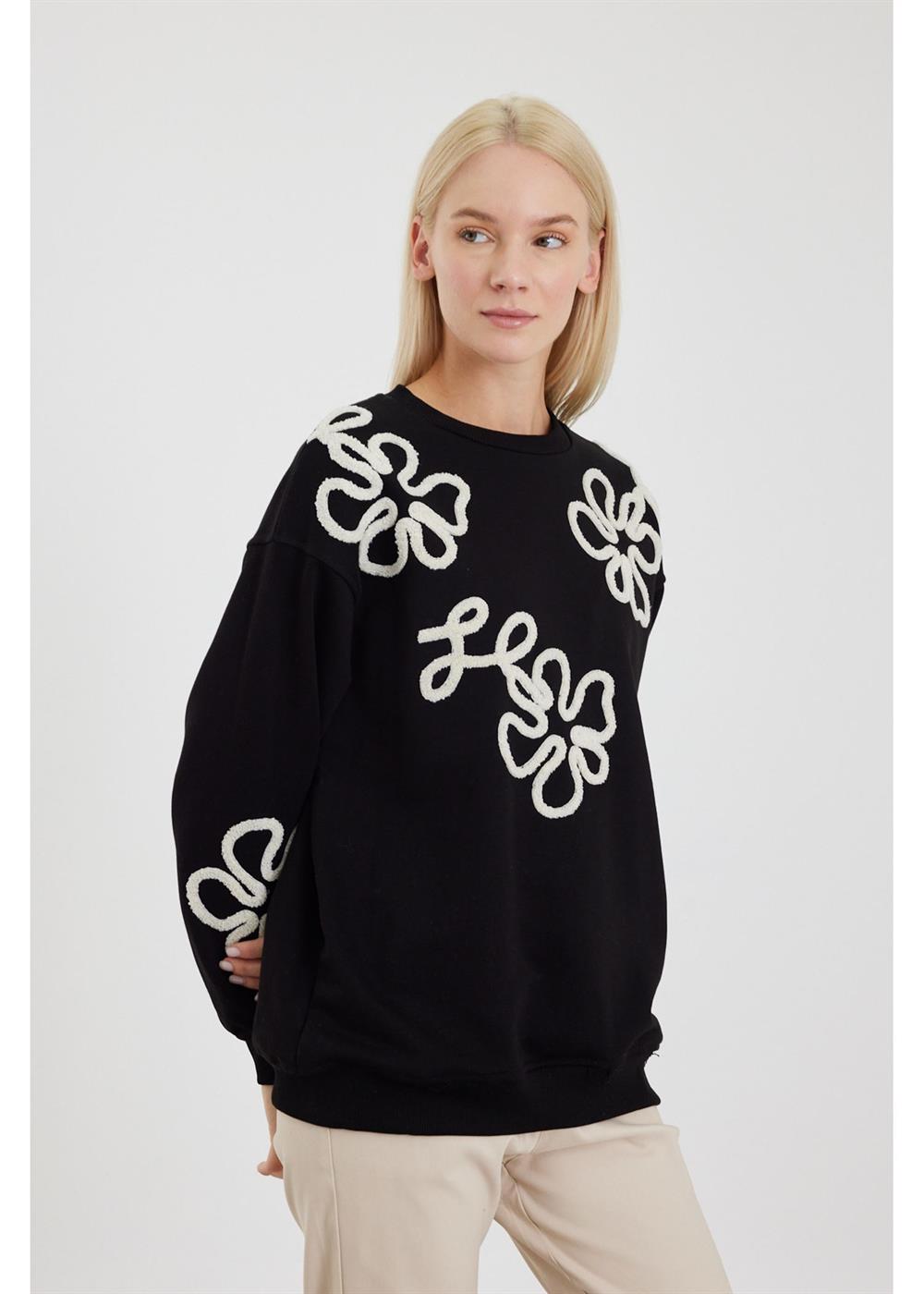 cicek-baskili-sweatshirt-siyah