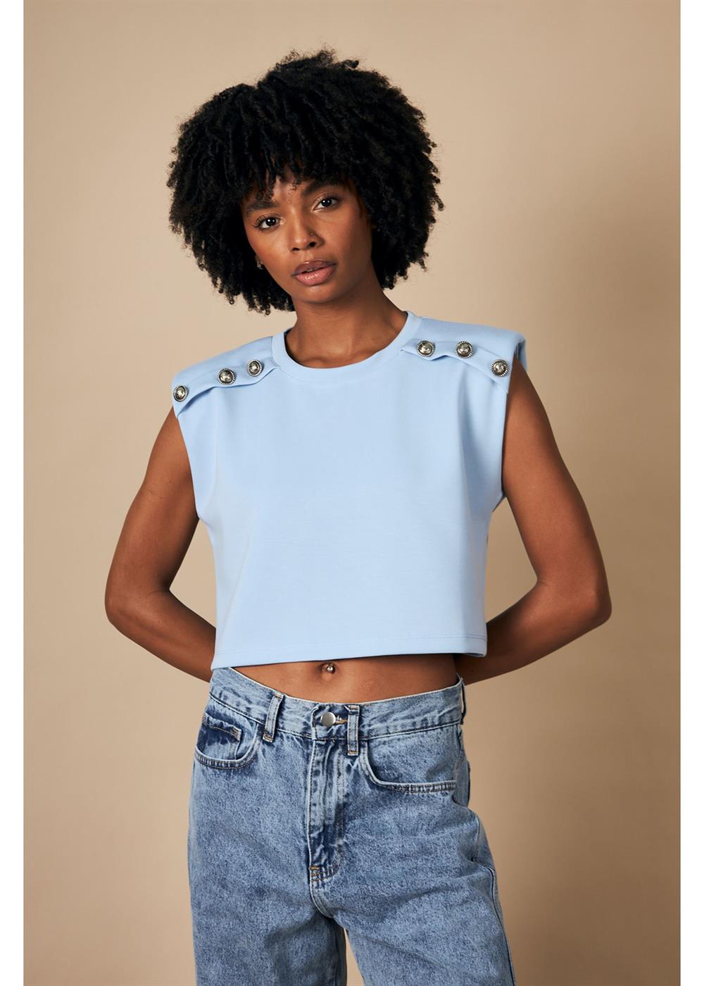 Düğmeli Sıfır Kol Modal Crop Bluz - Tiffany & Tomato
