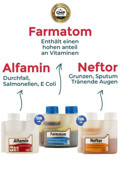 3 Geflügel Set 125ml Neftor Wheeze - Alfamin Diarrhoe - Farmatom Vitamin