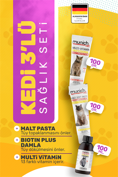 Munich Vet 3lü Kedi Seti Biotine Plus Damla Multi Vitamin Malt Paste