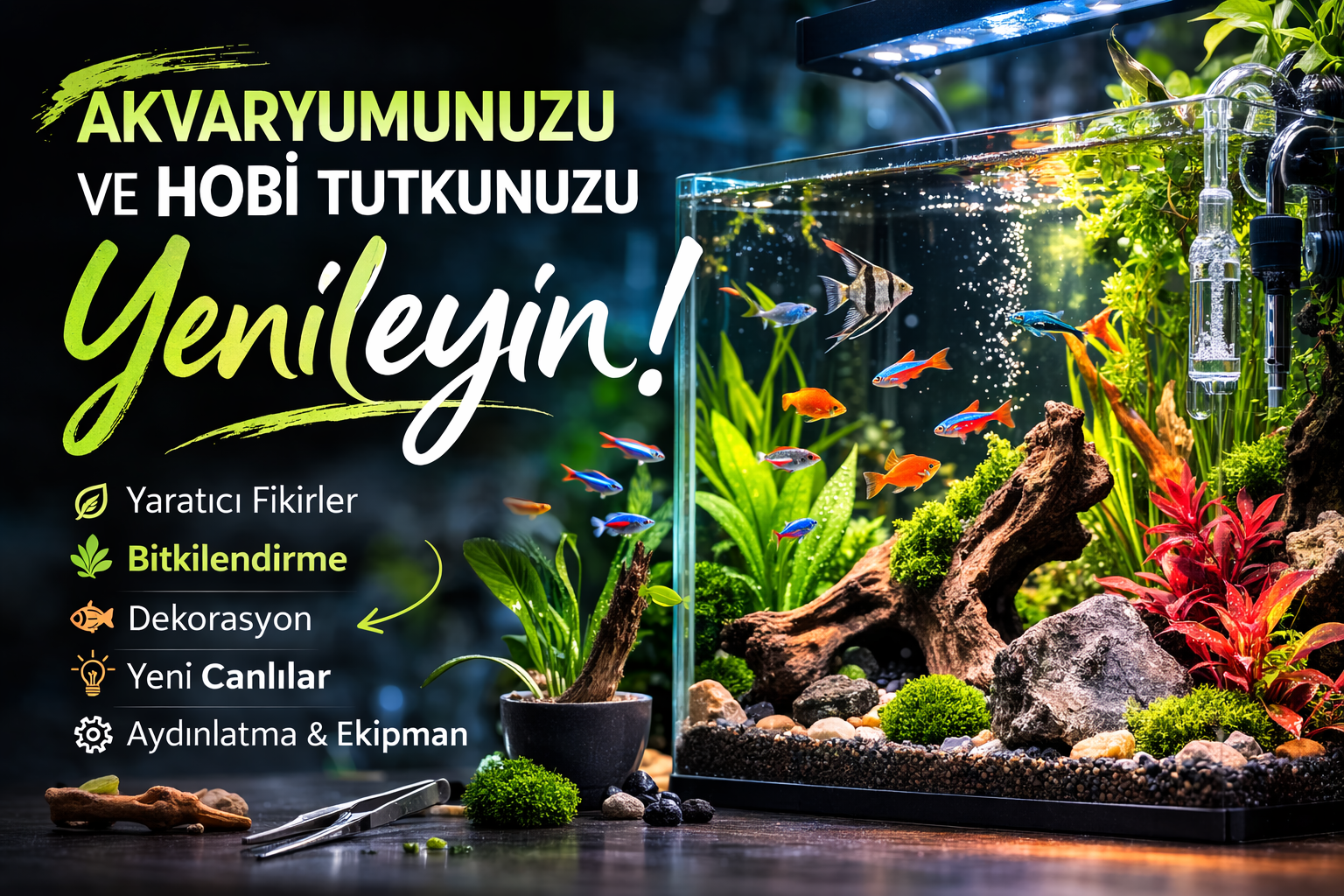 Bitkili tatlı su akvaryumu, aquascape düzeni, canlı bitkiler ve renkli balıklarla hazırlanmış blog kapak görseli