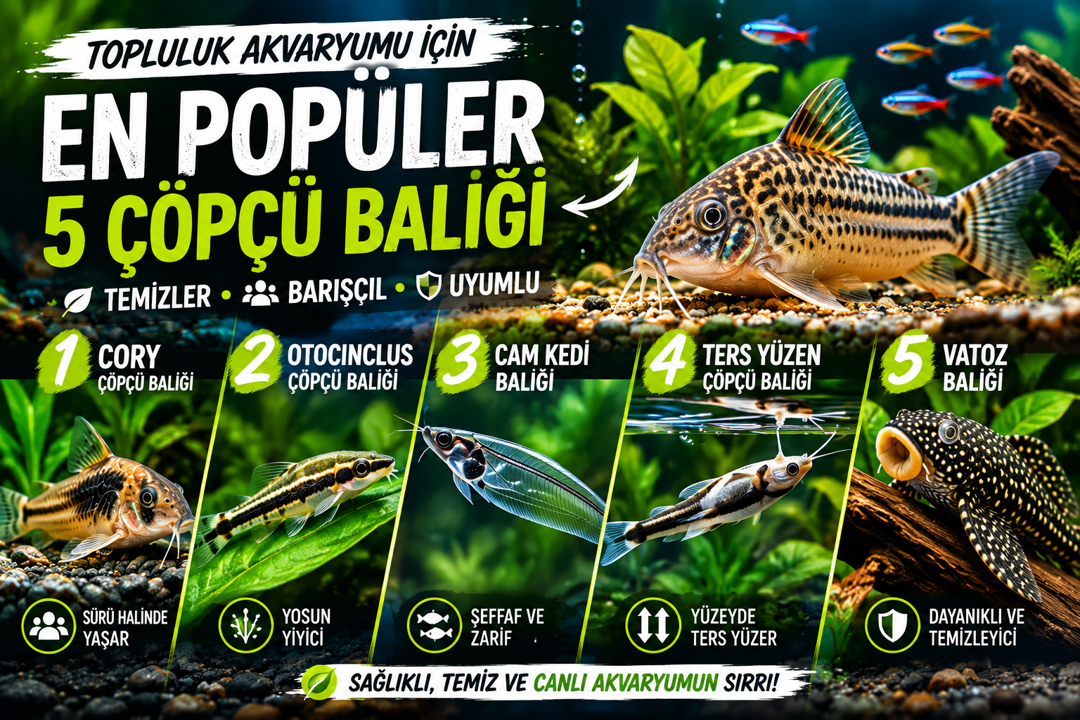 Topluluk akvaryumu için uygun çöpçü balığı türleri
