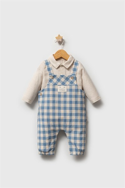 Erkek Bebek Mavi Plaid Desenli Pamuk Salopet Tulum Mevsimlik 3-12 Ay