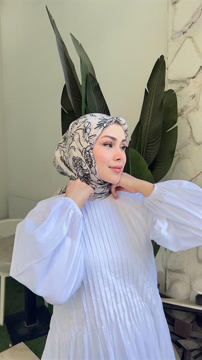 FLORA DESEN EŞARP KREM SİYAH-5