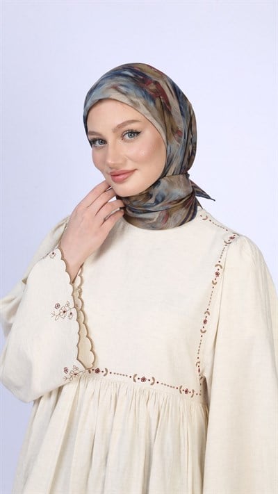 FLOWER FEATHER DESEN EŞARP LACİVERT