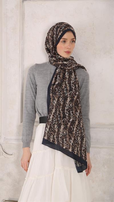 LEOPAR DESEN ŞAL LACİVERT