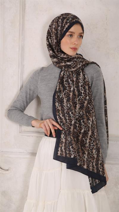LEOPAR DESEN ŞAL LACİVERT