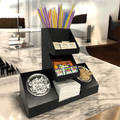 7 Bölmeli Endüstriyel Siyah Tezgah Üstü Düzenleyici Organizer, Çay ve Pipet Raflı Stand