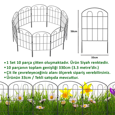DEKORATİF BAHÇE ÇİTİ 10'LU SET 330CM MODEL - 1 SİYAH HOBİ BAHÇESİ, ÇİÇEK, SEBZE, MİNİ BAHÇE