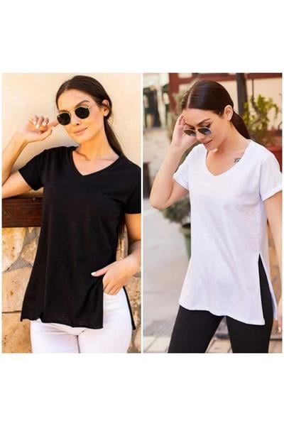 Kadın Siyah Ve Beyaz 2 Li V Yaka Yanı Yırtmaçlı Asimetrik Penye Pamuk Örme T-shirt Tişört Tunik