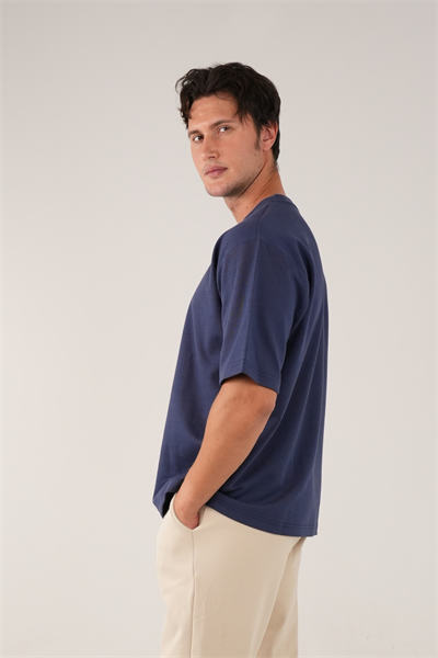 Bisiklet Yaka Mavi T-Shirt