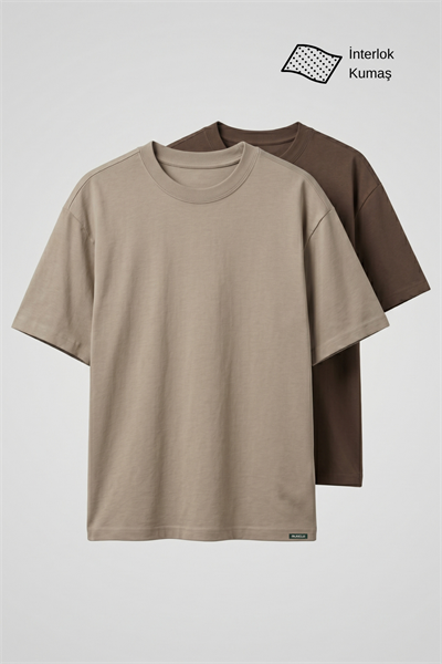 Erkek 2'li Bej/Kahve Oversize İnterlok T-shirt