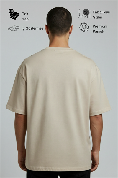 Erkek Pamuklu Oversize Bisiklet Yaka Bej T-Shirt