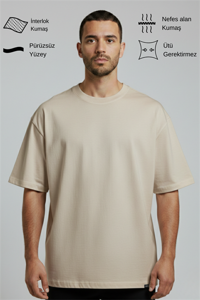 Erkek Pamuklu Oversize Bisiklet Yaka Bej T-Shirt
