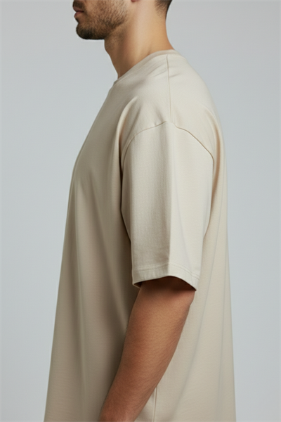Erkek Pamuklu Oversize Bisiklet Yaka Bej T-Shirt