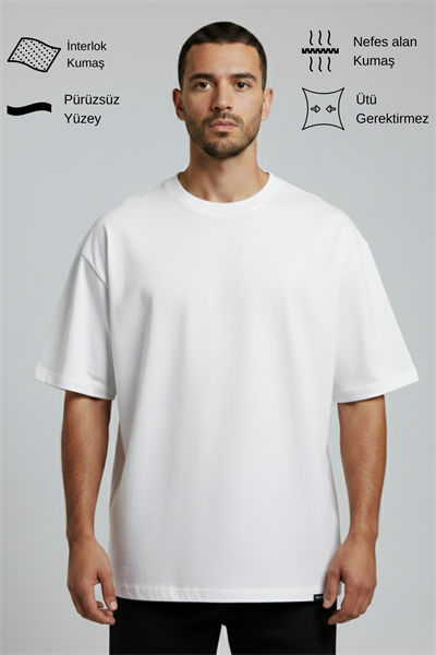 Erkek Pamuklu Oversize Bisiklet Yaka Beyaz T-Shirt