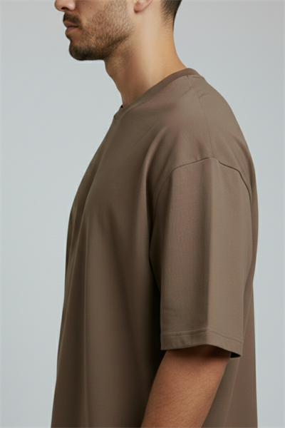 Erkek Pamuklu Oversize Bisiklet Yaka Kahverengi T-Shirt