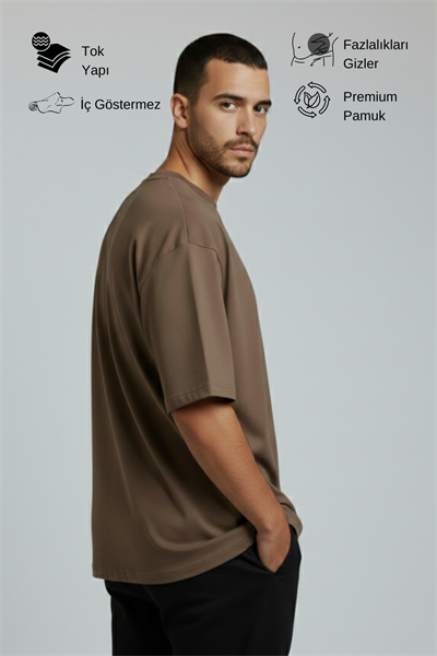 Erkek Pamuklu Oversize Bisiklet Yaka Kahverengi T-Shirt