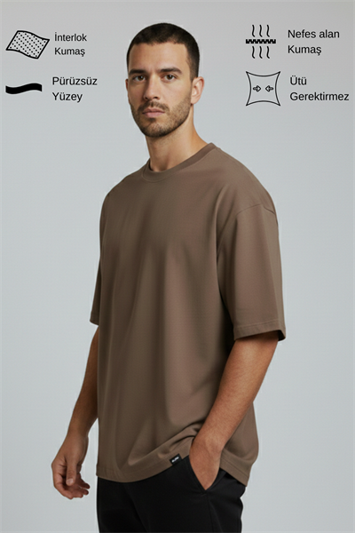 Erkek Pamuklu Oversize Bisiklet Yaka Kahverengi T-Shirt