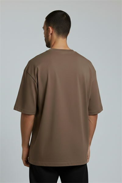 Erkek Pamuklu Oversize Bisiklet Yaka Kahverengi T-Shirt