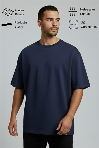 Erkek Pamuklu Oversize Bisiklet Yaka Mavi T-Shirt