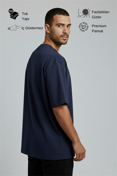 Erkek Pamuklu Oversize Bisiklet Yaka Mavi T-Shirt
