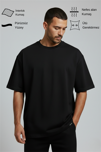 Erkek Pamuklu Oversize Bisiklet Yaka Siyah T-Shirt