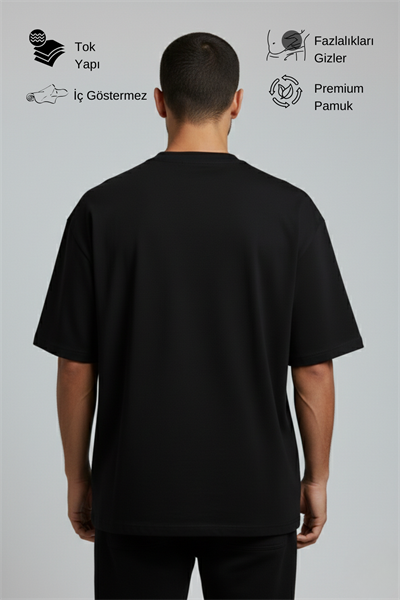 Erkek Pamuklu Oversize Bisiklet Yaka Siyah T-Shirt